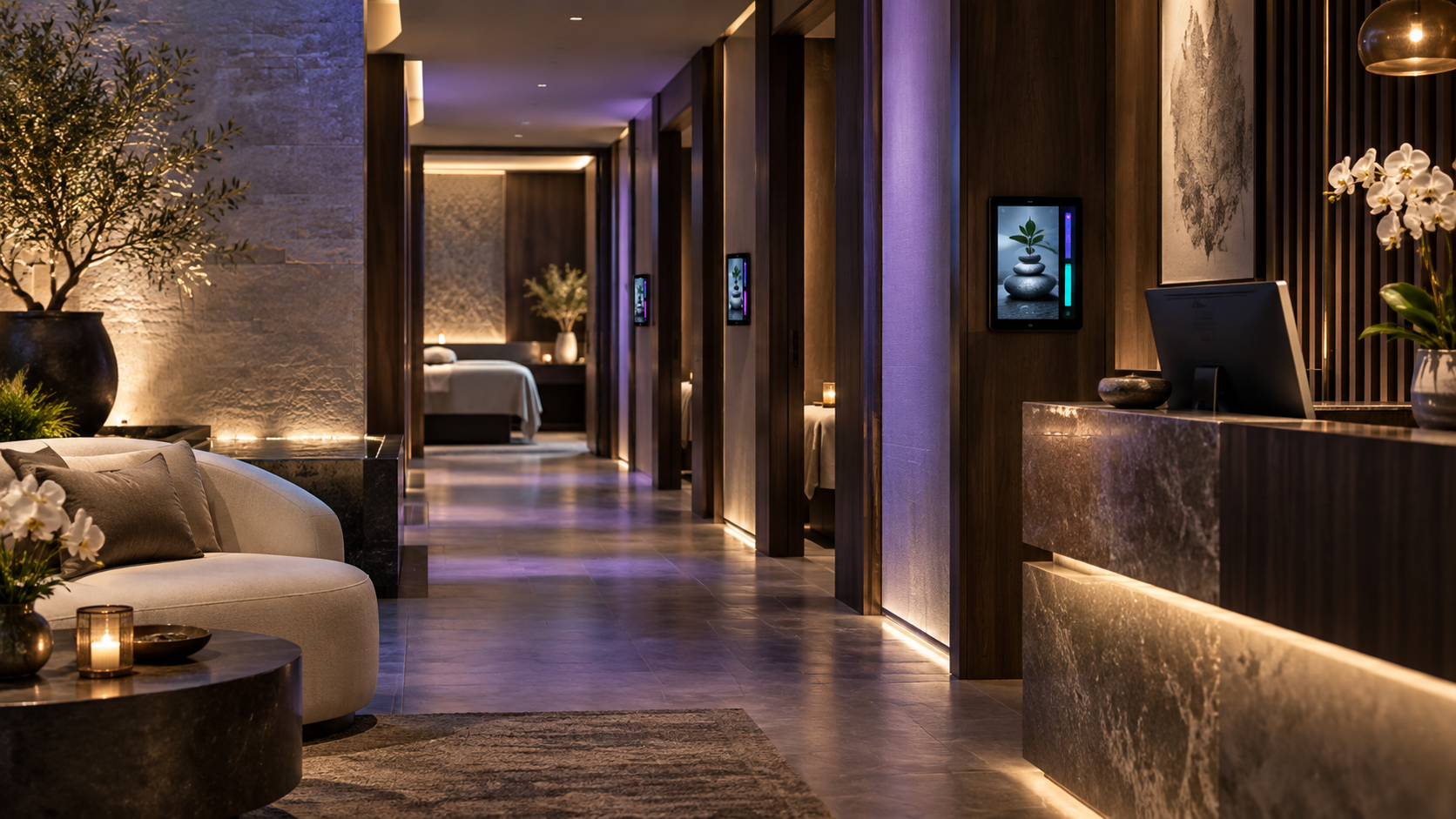 A contemporary spa reception and treatment corridor with connected screens